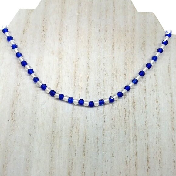 Vintage Glass Bead Tassel Necklace 31" Long Blue Clear Beads For Elegant Style - Picture 5 of 11